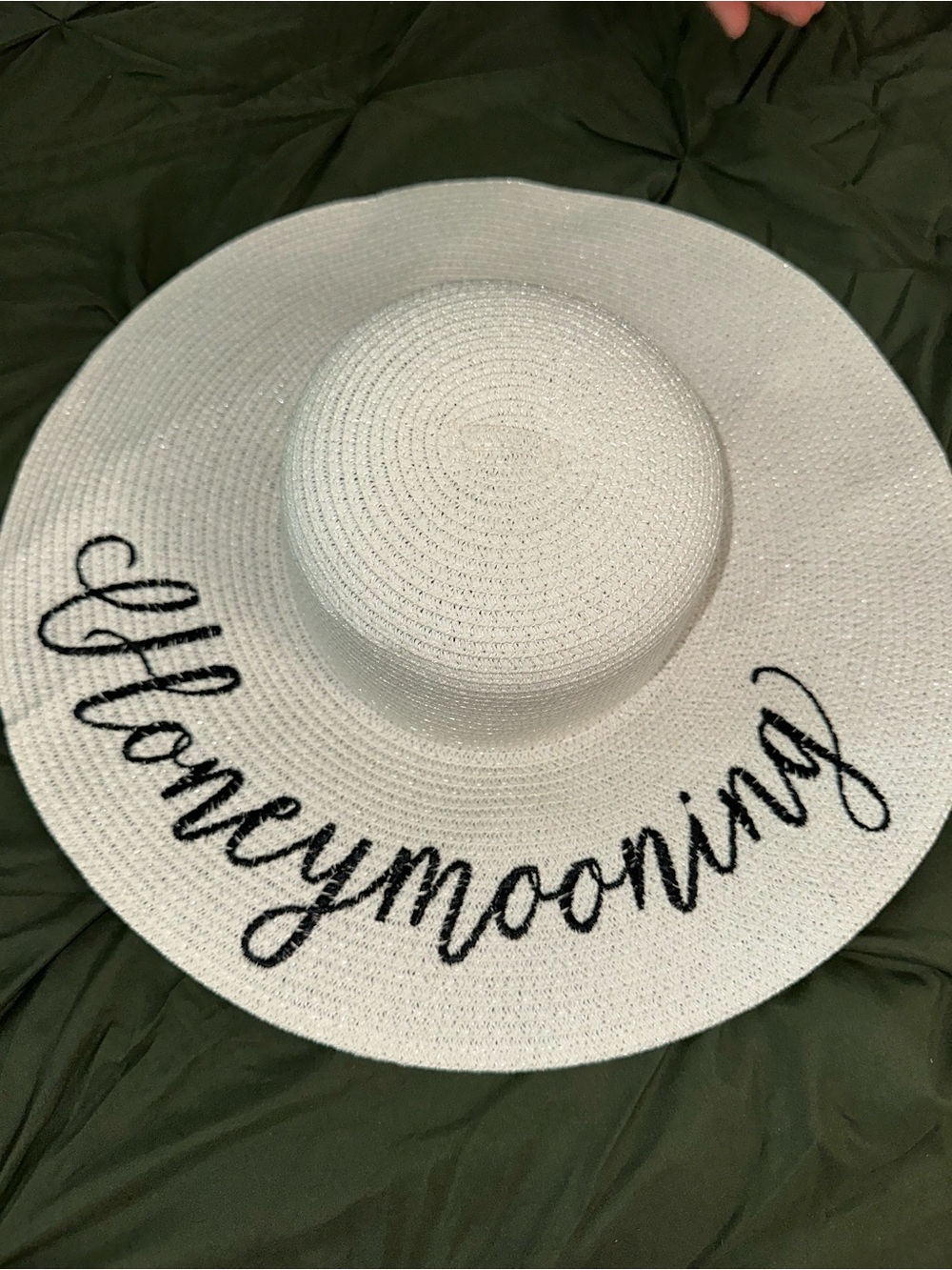 Wide Brim 'Honeymooning' Straw Sun Hat - White with Black Script